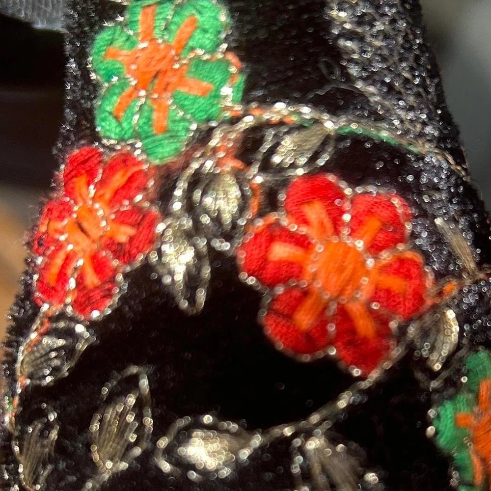 Whimsical Goth Velour Black floral block heels with ankle strap